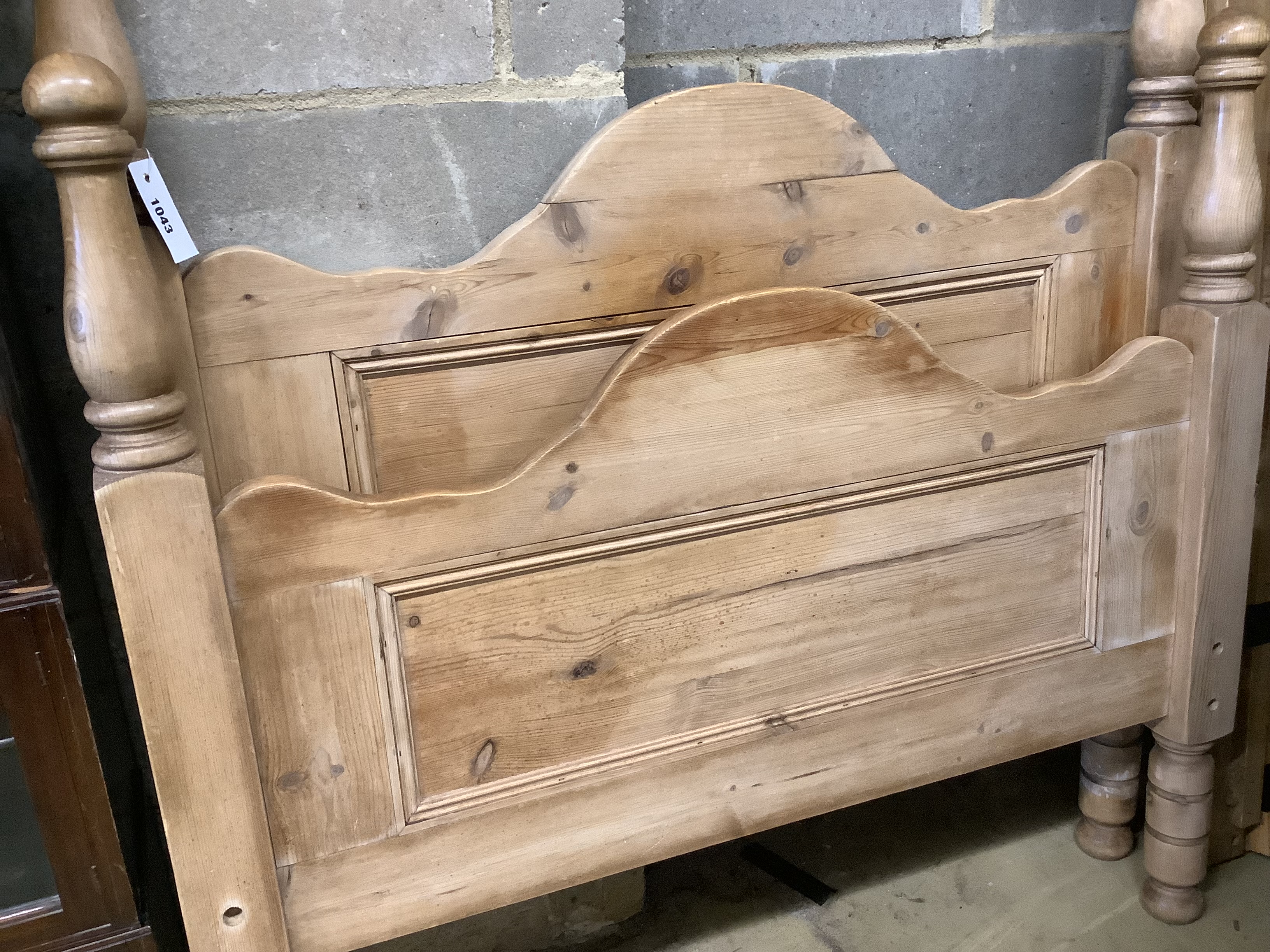 A Victorian style pine single bed frame, width 104cm